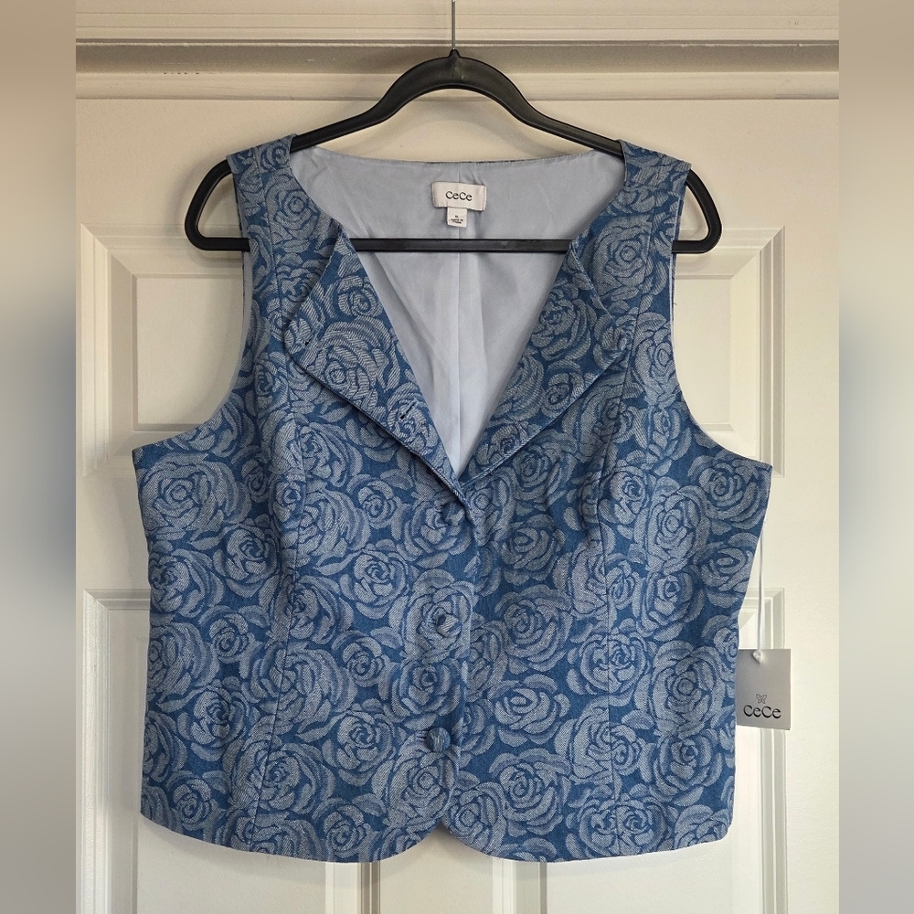 CeCe Floral Jacquard Denim Vest - Size XL